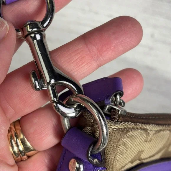 Coach Signature Monogram Canvas Purple Leather Trim Crossbody Bag - Picture 8 of 16